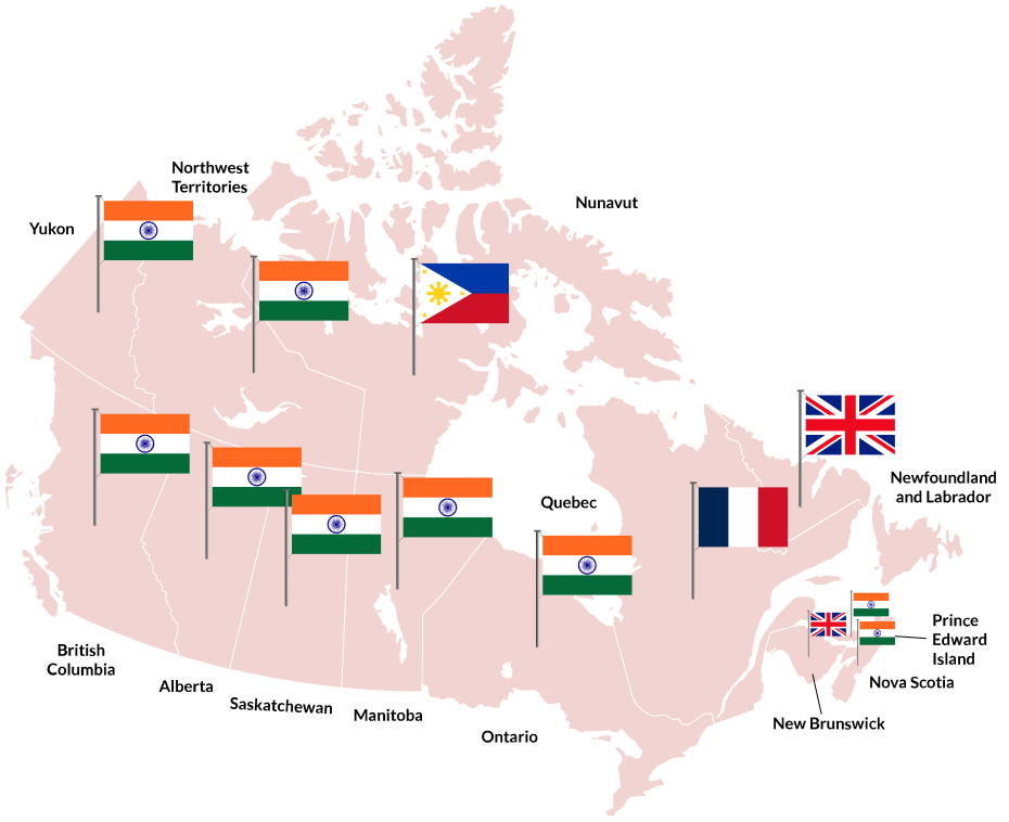 A map of Canada, split by region, showing flags representing the most searched-for destination countries.